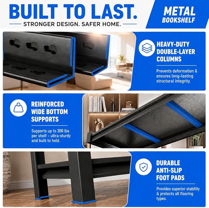 4-Tier Heavy Duty Metal Bookshelf, 2000LBS Adjustable Industrial Bookcase - Image 4