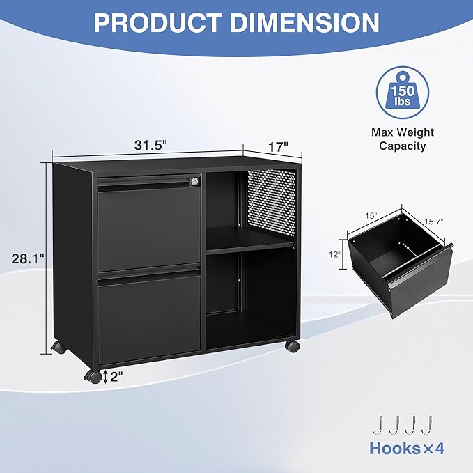 Mobile Lateral File Cabinet, 2 Drawer Filing Cabinet - Image 3
