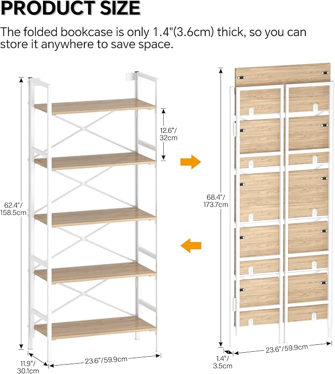 Folding Bookshelf, 5 Tier Bookcase Foldable Shelf - Image 3