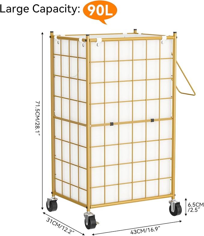 WOWLIVE Laundry Hamper with Wheels, Metal Wire Frame Rolling Laundry Basket - Image 2
