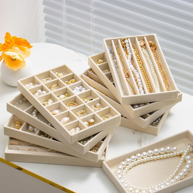 Stackable Jewelry Organizer Trays Set of 9, Small Velvet Jewelry Organizers - Image 7