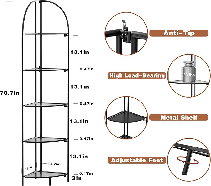 Crofy Foldable 5 Tier Corner Shelf, Metal Corner Plant Stand - Image 3