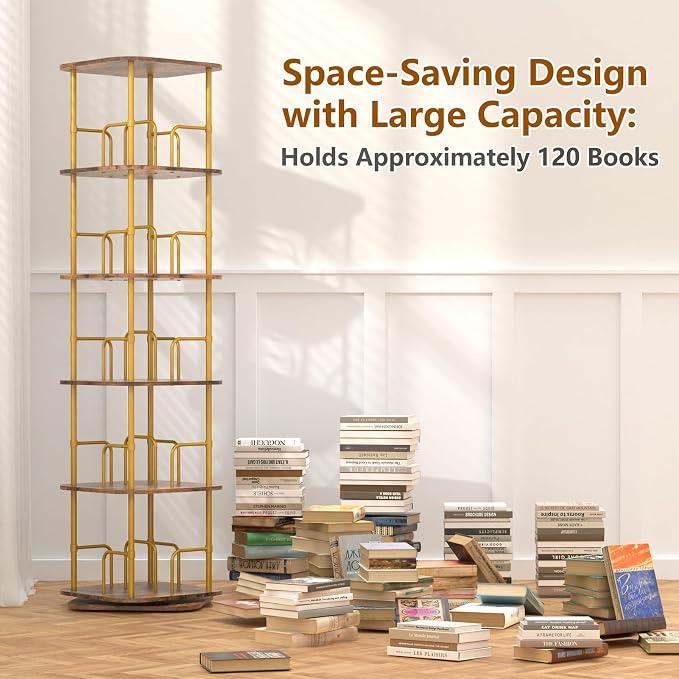 Lauxery 5 Tier Wooden Rotating Bookshelf, Metal Frame, 64 in Tall | 1000lbs - Image 6