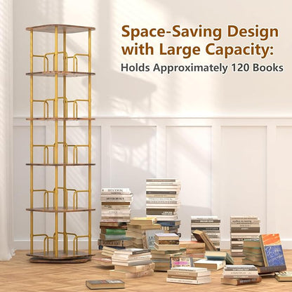 Lauxery 5 Tier Wooden Rotating Bookshelf, Metal Frame, 64 in Tall | 1000lbs - Image 6