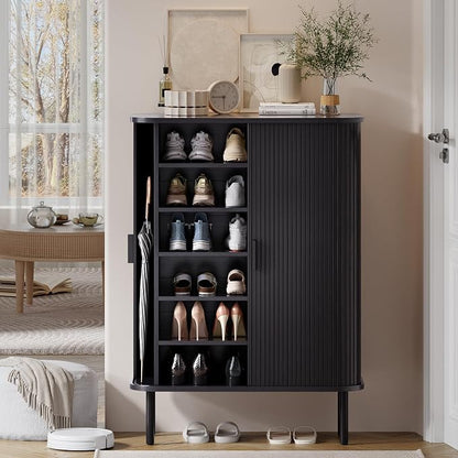 6-Tier Shoe Cabinet with Sliding Door, Wooden Shoe Storage Cabinet with - Image 8