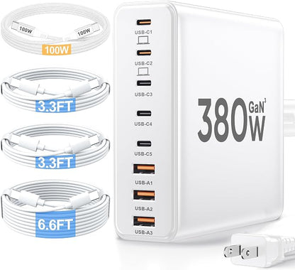 380W USB C Charger Block with 4 USB Cables Dual 100W Charging Station | 8-Port by Ediliow