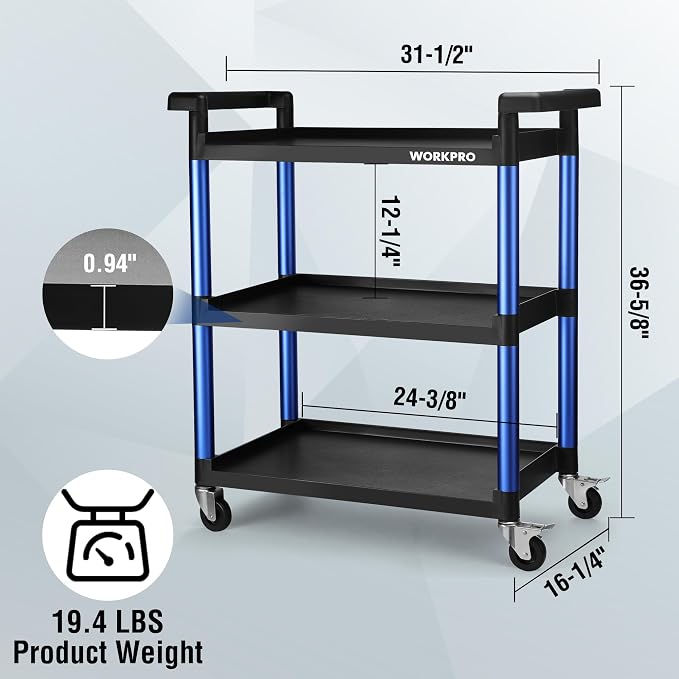 WORKPRO 3-Tier Service Utility Cart, 400LBS Plastic Rolling Cart - Image 4