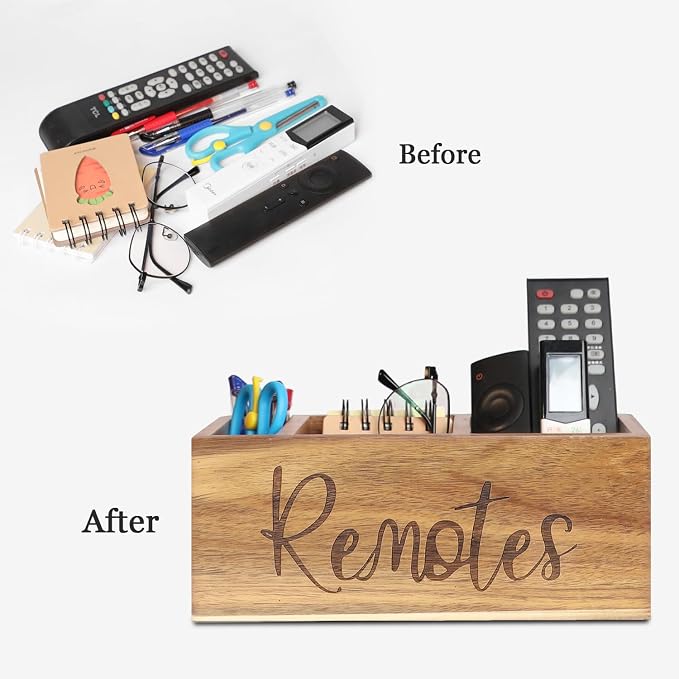 Remote Control Holder Caddy, Acacia Wood TV Remote Holder, Remote Organizer - Image 5
