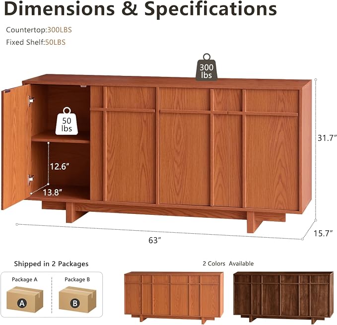 Sideboard Buffet Cabinet with Storage, Mid Century Modern Accent Cabinet with - Image 2