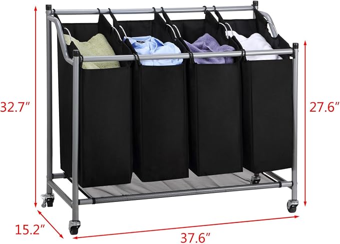 Laundry Sorter Cart 4-Bag Classics Rolling Laundry Hamper, Sturdy Frame - Image 6