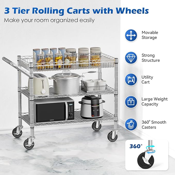 NTE Utility Cart with Wheels, 990lbs Capacity Metal 3 Tier Rolling Carts - Image 3