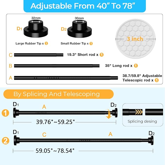 MEXAU Black Tension Curtain Rod 40-78 Inch Long Tension Rod 1.26" Spring - Image 2