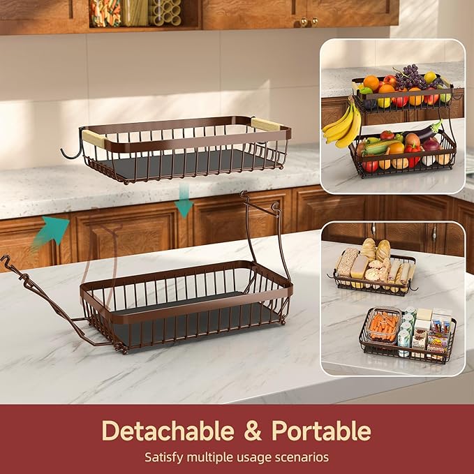 2-Tier Fruit Basket with Banana Hangers, Detachable Metal Bowl - Image 3