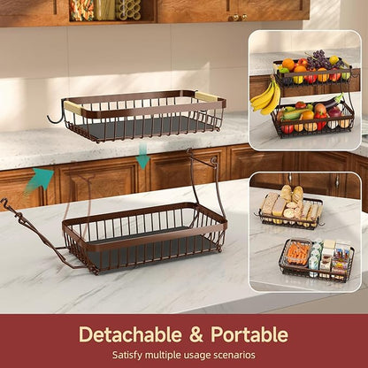 2-Tier Fruit Basket with Banana Hangers, Detachable Metal Bowl - Image 3