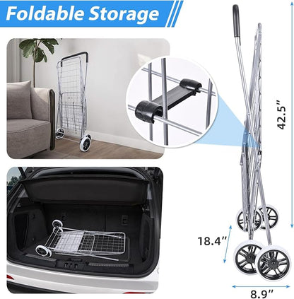 Folding Shopping Cart with Double Baskets, Collapsible Grocery Rolling Utility - Image 6