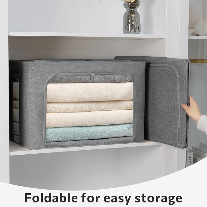 FHSQX 2 Pack Clear Window Storage Bins Stackable Linen Fabric Storage - Image 4
