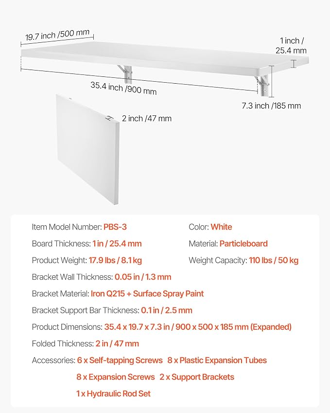 VEVOR Wall Mounted Folding Table, 35.4 x 19.7 inches Wall Mount Table, Floating - Image 3