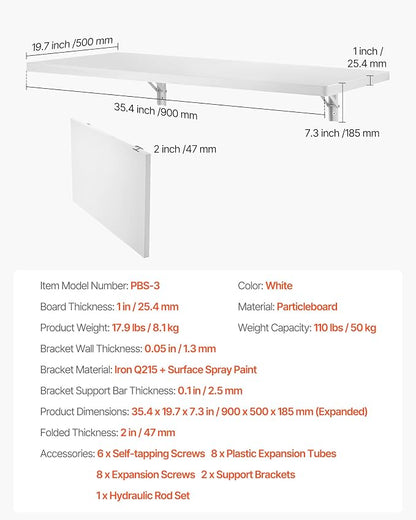 VEVOR Wall Mounted Folding Table, 35.4 x 19.7 inches Wall Mount Table, Floating - Image 3