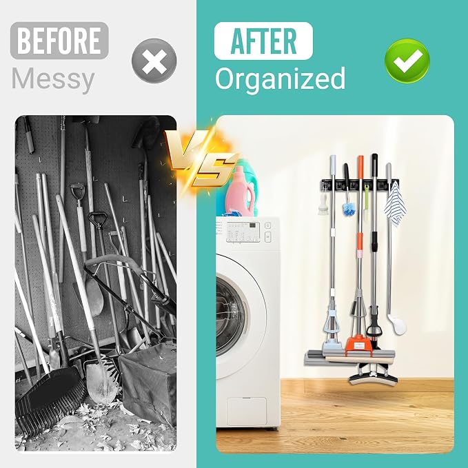Broom and Mop Holder, Wall Mounted Organizer Mop and Broom Storage Tool Rack - Image 5