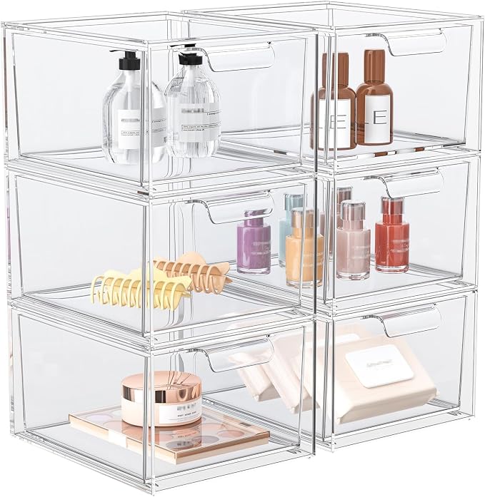 6 Pack Stackable Acrylic Makeup Organizer, Jewelry and Home Storage by SpaceHacks