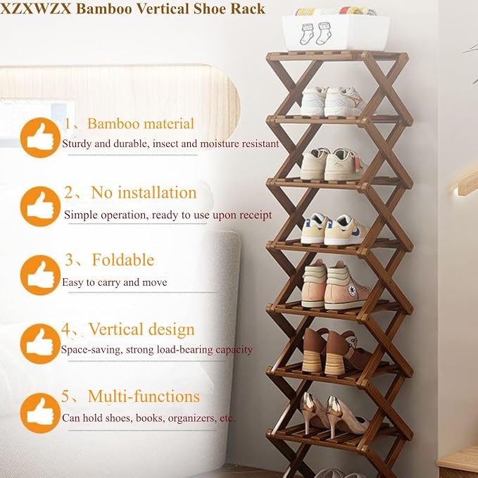 7 Tier Foldable Shoe Rack, Bamboo Vertical Shoe Organizer Tall - Image 4