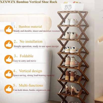7 Tier Foldable Shoe Rack, Bamboo Vertical Shoe Organizer Tall - Image 4