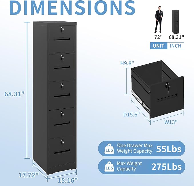 5 Drawer File Cabinet with 5 Locks, Metal Filing Cabinet Heavy Duty Vertical - Image 3