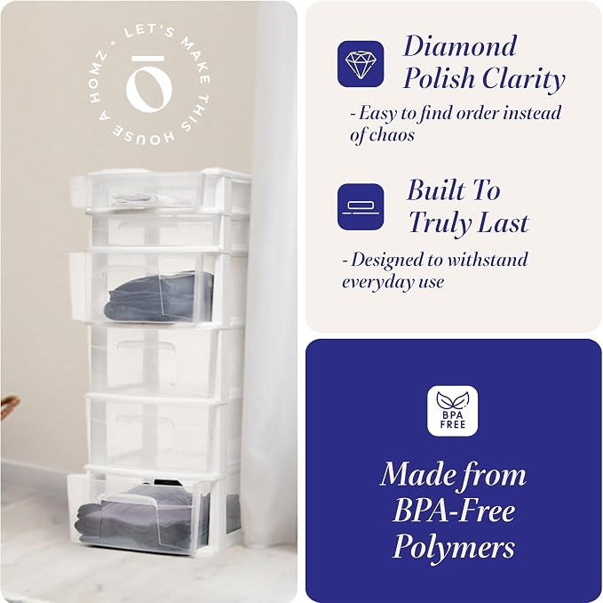 HOMZ 6 Drawer Plastic Storage & Organizer Tower | 4 Large & 2 Small Drawers | - Image 5