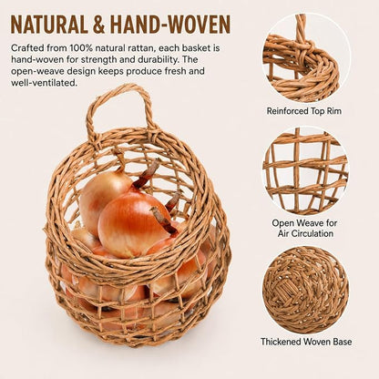 Elsjoy Set of 2 Hanging Onion Basket, Wall Mount Small Wicker Baskets - Image 4