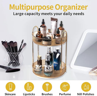 360 Rotating Gold Makeup Organizer, 2 Tier Large Capacity Rotating Makeup - Image 6