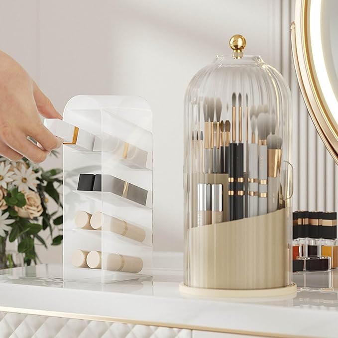 Cosmetic Storage Holder Box, Transparent 360° Rotating Sliding Door Makeup - Image 2