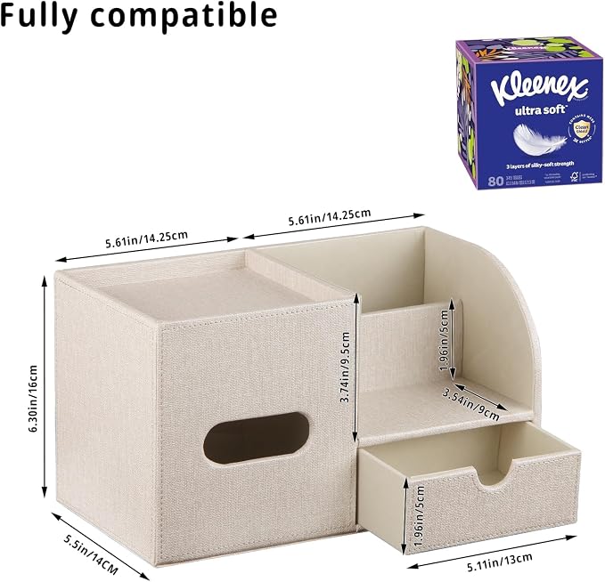 YAPISHI Tissue Box Cover with Storage Tray and Drawer, PU Leather Square Tissue - Image 3
