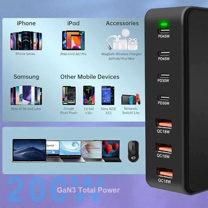 USB C Charger Charging Station 200W 7-Port GaN Fast Charging Block PD 3.0 TypeC - Image 2