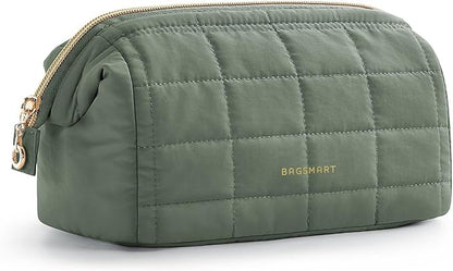 BAGSMART Puffy Padded Travel Makeup Bag, Wide-open Toiletry Bag, Olive Green by BAGSMART