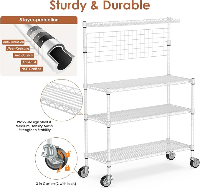 Leteuke Bakers Rack with Storage & Wheels, 42 Inch Microwave Stand Kitchen - Image 3