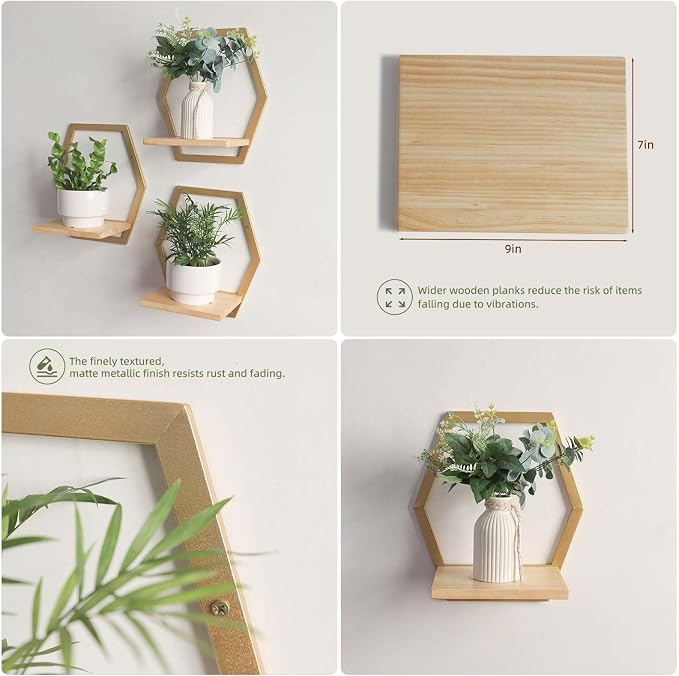 3 Pack Solid Wood & Metal Framework Wall Plant Stands, 9 inch Natural Wood - Image 5