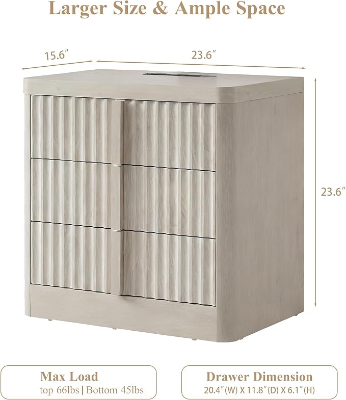 23.6" Nightstand Set of 2 with Charging Station, Side Table with 3 Large - Image 2