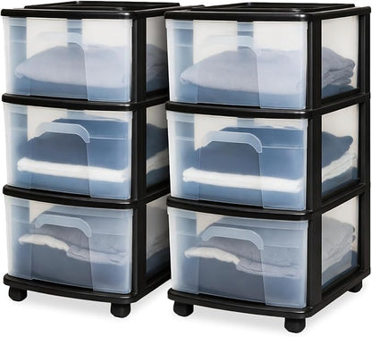 HOMZ Drawer Tower 3-Tier Storage Cart, Removable Wheels, 2 Pack | Plastic by Homz