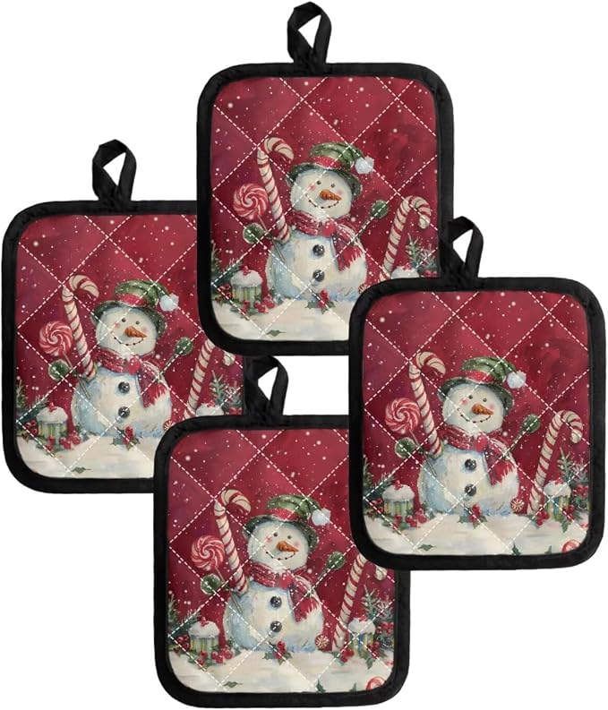 Christmas Snowman Candy Cane Pattern Pot Holders Set of 4 Heat Resistant - Image 4