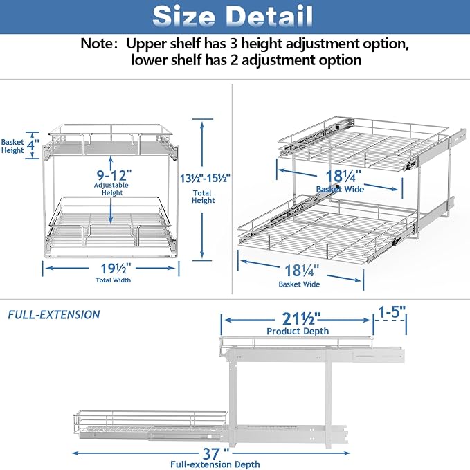 2 Tier Individual Pull Out Cabinet Organizer 19½" W x 21½" D, Heavy Duty - Image 3