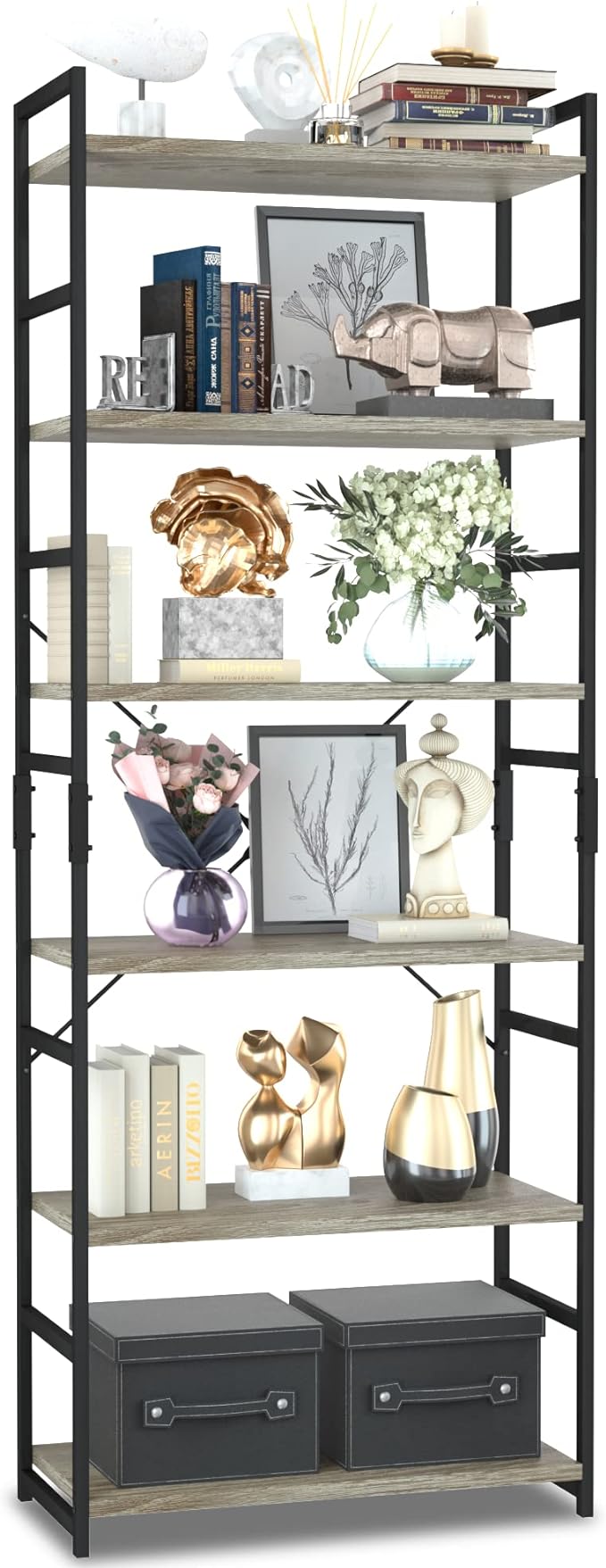NUMENN 6 Tier Bookshelf, Tall Freestanding Open Storage Bookcase, Support Bars by NUMENN