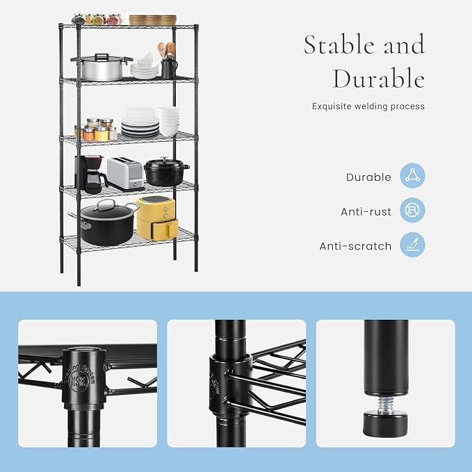 HealSmart 5-Tier Metal Wire Storage Shelves, Adjustable Standing Storage Rack - Image 3