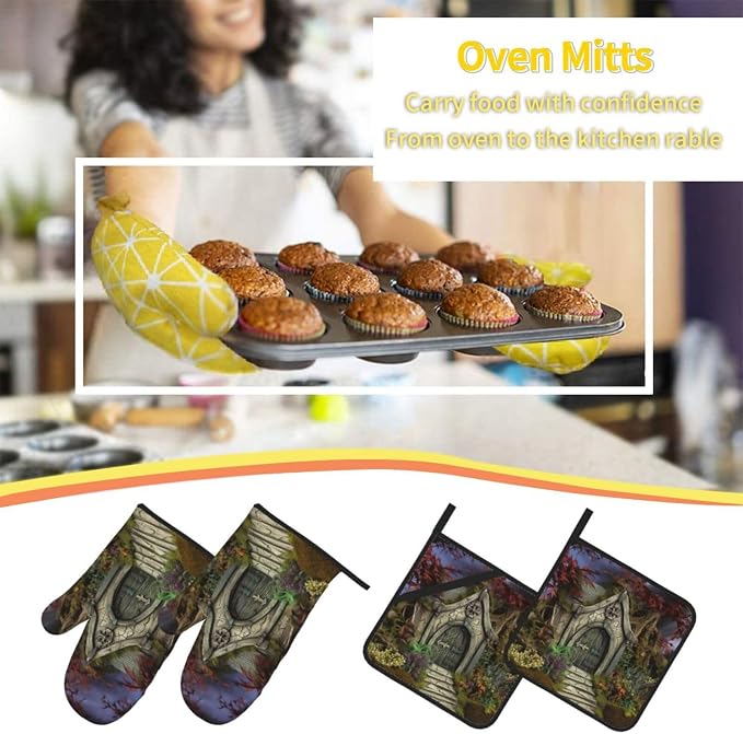 Gothic Fairy Garden Oven Mitts and Pot Holders Sets of 4 Heat Resistant Non - Image 6