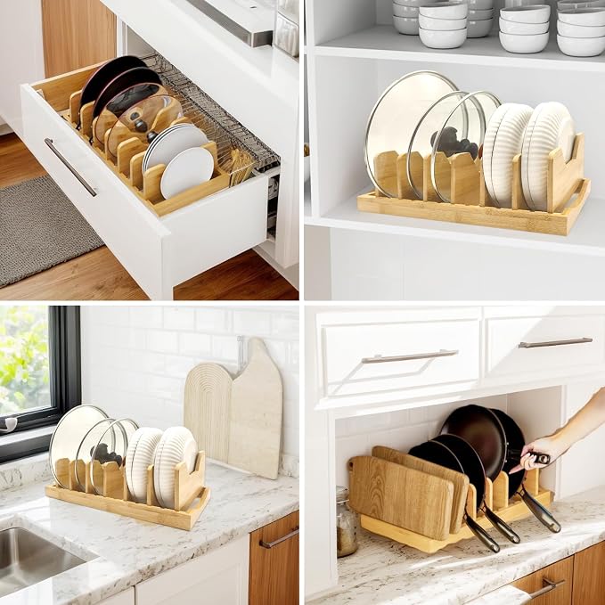 Bamboo Pot Lid Organizer for Cabinet & Kitchen Counter, Pan Lid Organizer - Image 2