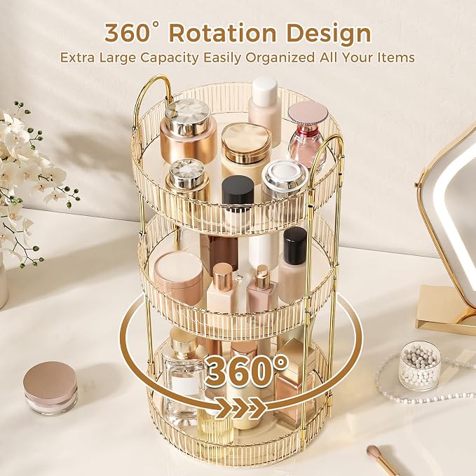 360° Rotating Makeup Organizer, Large Capacity Skincare Organizer, 3 Tier - Image 3