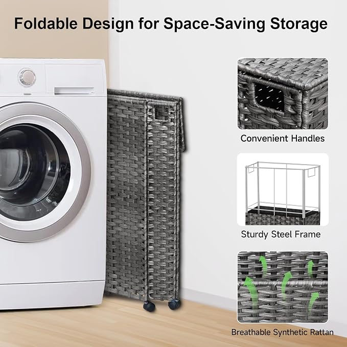 88L Slim Laundry Hamper with Wheels, 23.3 Gallon Rolling Laundry Basket with Lid - Image 7