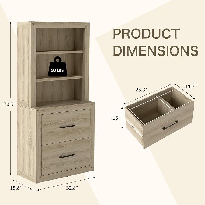 Multi-Depth Bookcase with 2 File Drawers, Bookshelves Floor Standing 3 Tier - Image 3