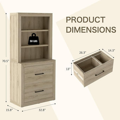 Multi-Depth Bookcase with 2 File Drawers, Bookshelves Floor Standing 3 Tier - Image 3
