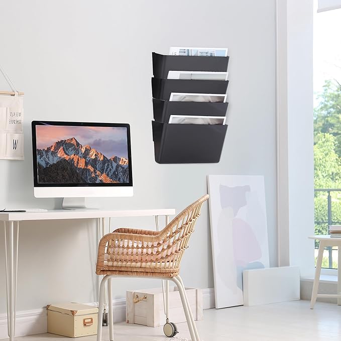 4 Pack Black Single Pocket Hanging File Organizer, Plastic Wall Mount Paper - Image 5
