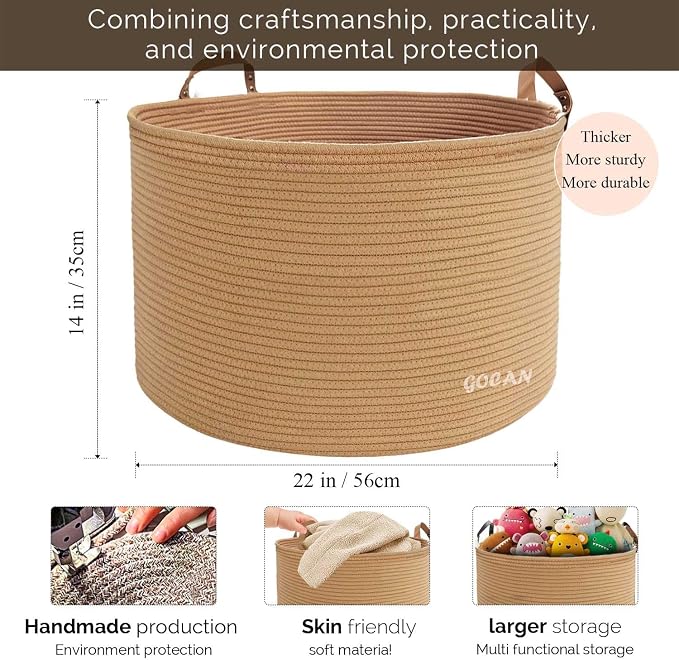 Extra Large Storage Laundry Basket 22" X 22"X 14" Cotton Rope Woven Basket - Image 3